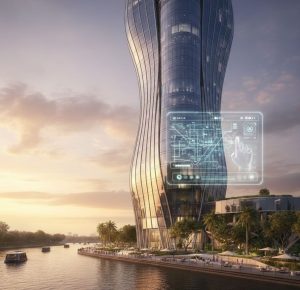 Ultra-modern luxury condominium along Singapore river in District 9, high-rise glass architecture, smart home interface visible inside, landscaped waterfront promenade, golden hour lighting
